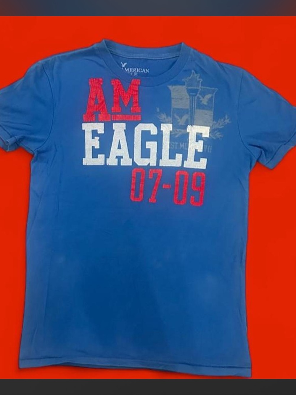 American Eagle Outfitters Royal Blue Graphic Tee with Red & White Print
